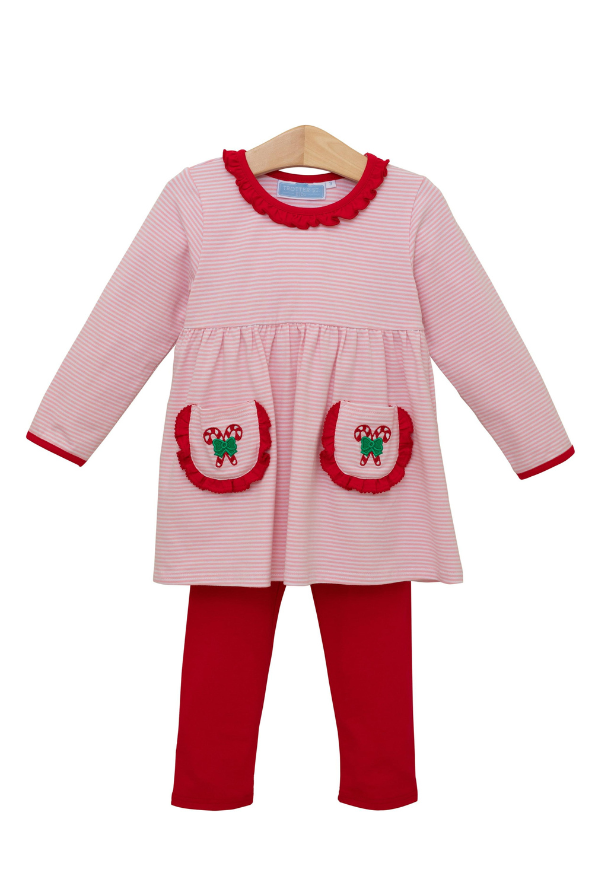 trotter street Candy Cane Embroidery Ruffle Pants Set