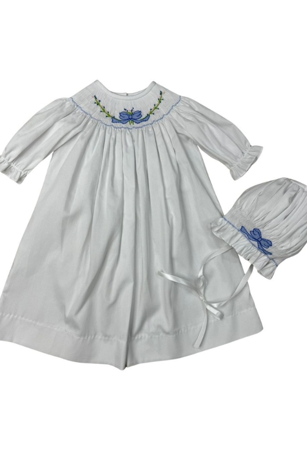 delaney Smocked Blue Bow Day Gown & Bonnet