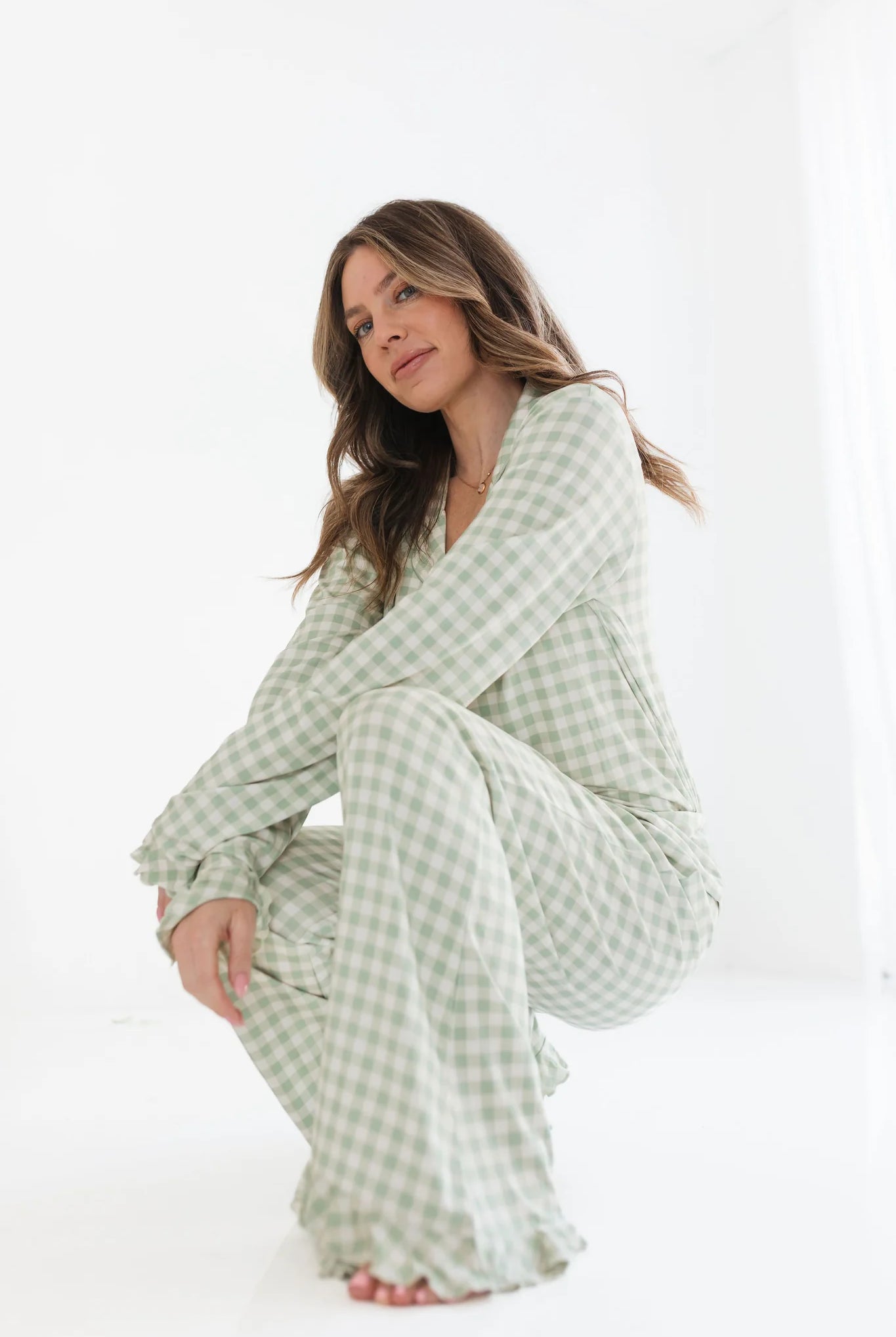 in my jammers Green Gingham Women's Long Sleeve Ruffle Set