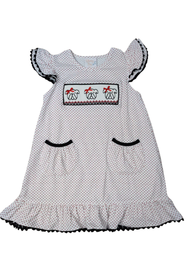 Whimsy bay Red Bulldog Smocked Faye Flutter Dress