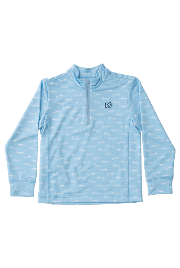 PRODOH Kids Pro Performance Quarter Zip Pullover | Clear Sky Marlin Print