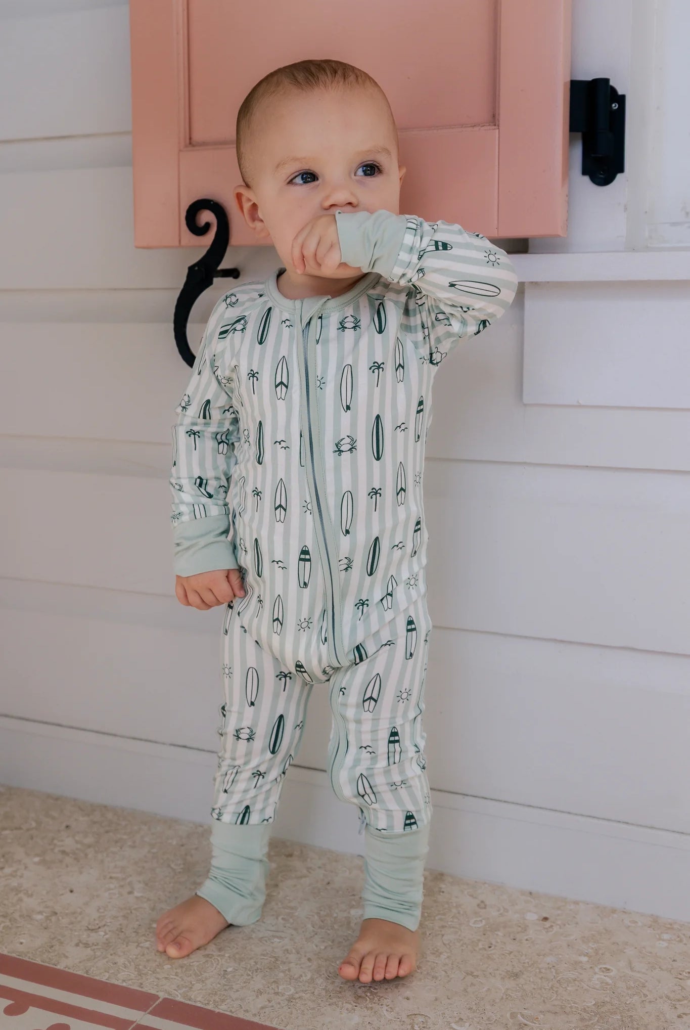 In My Jammers Green Surfs Up Zipper Romper