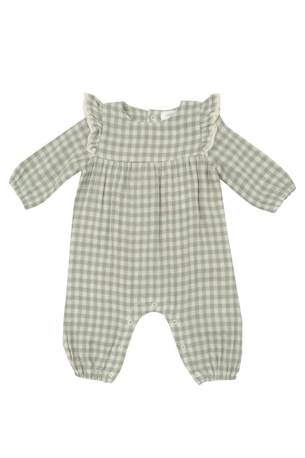 angel dear Mini Green Gingham Ruffle Sleeve Romper