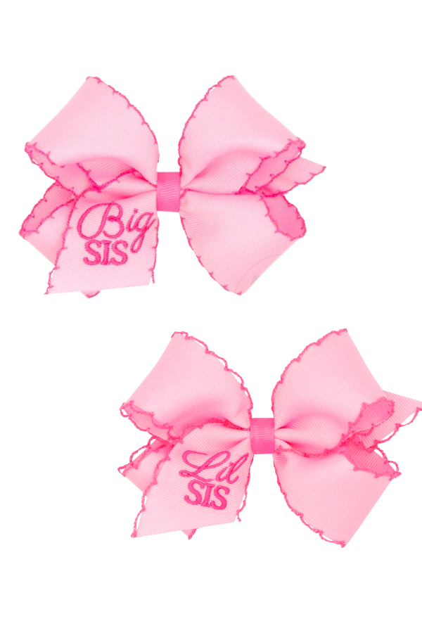 WEE ONES BIG SIS LIL SIS Medium Pink Grosgrain Hair Bow with Hot Pink Sis Moonstitch Edge