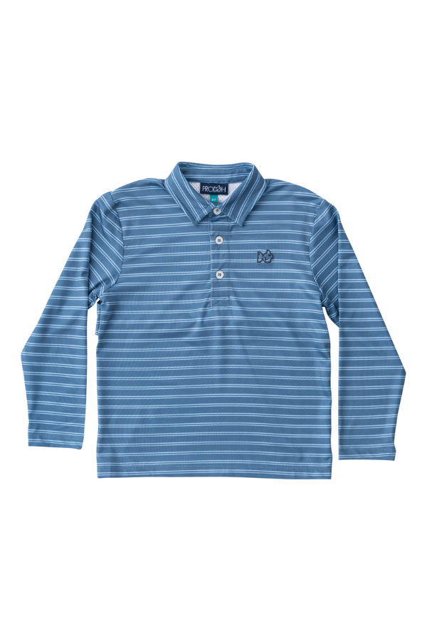 prodoh Boys Pro Performance Polo | Bluefin & Powder Blue Stripe