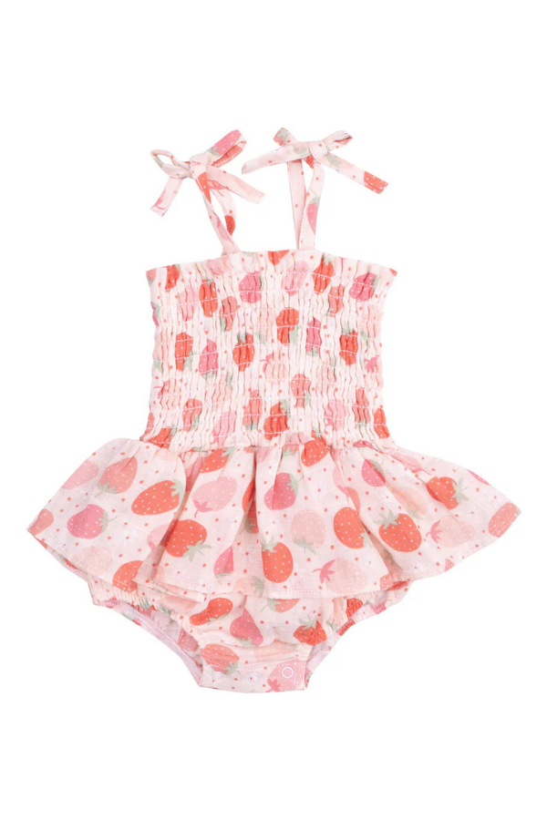 angel dear Strawberry Bliss Smocked Ruffle Bubble With Skirt
