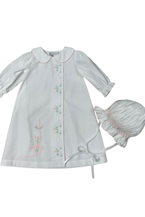 delaney Pink Floral Bow Day Gown & Bonnet