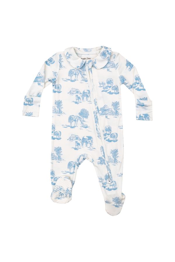 angel dear Farm Toile Blue 2 Way Zipper Footie