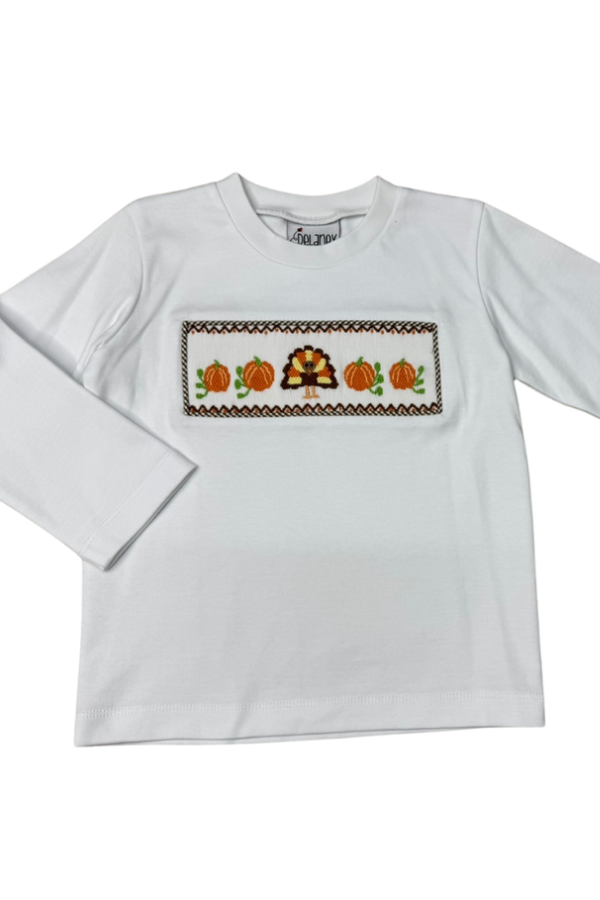 Delaney Boys White Smocked Shirt Turkey and Pumpkins