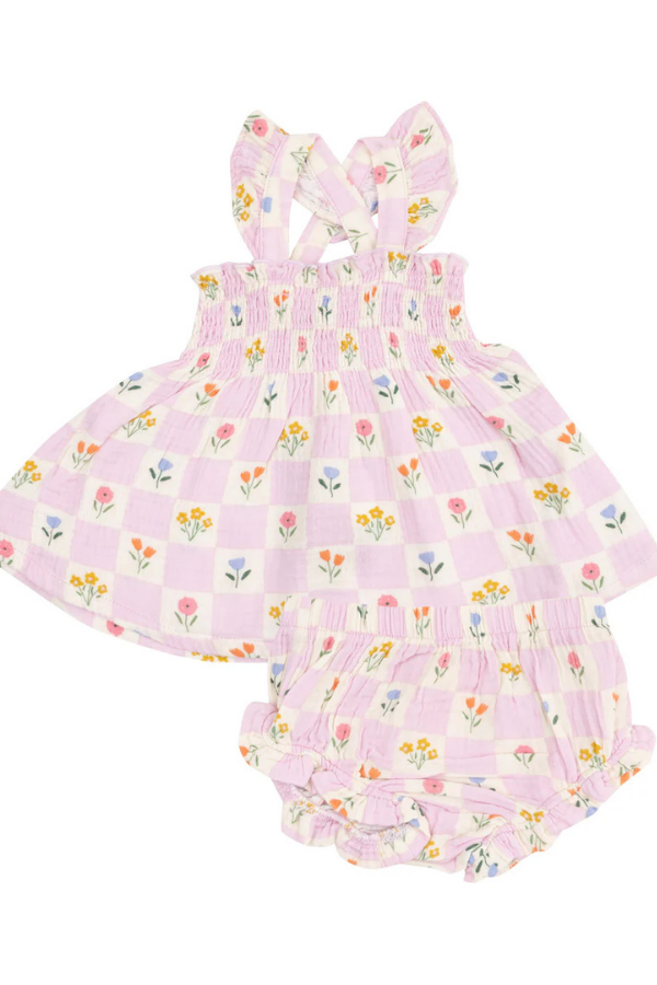 angel dear Floral Check Ruffle Strap Smocked Top & Diaper Set
