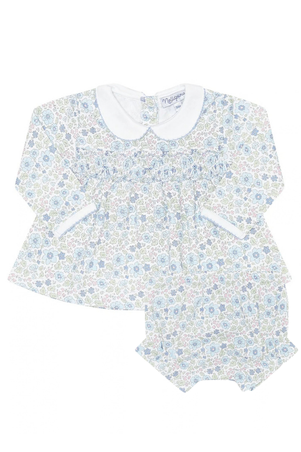 nellapima Blue Meadow Smocked Dress diaper set
