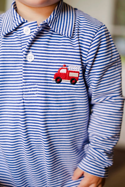 trotter street firetruck embroidery polo romper
