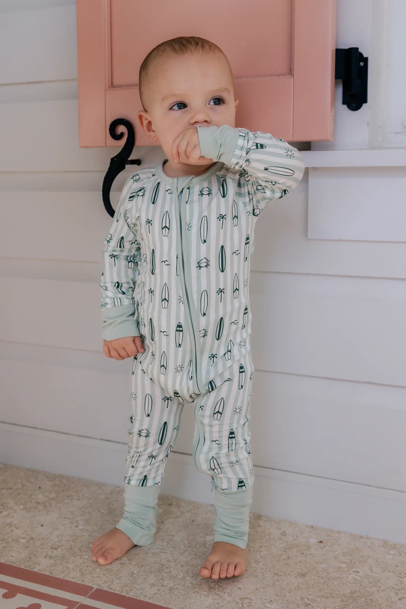 In My Jammers Green Surfs Up Zipper Romper