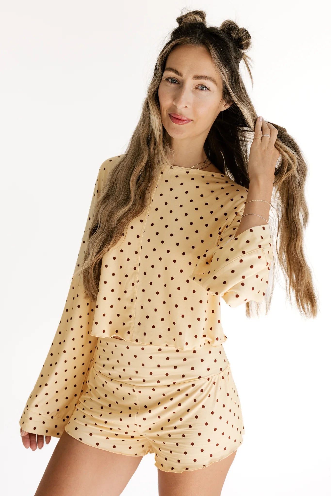 In My Jammers Yellow and Brown Polka Dot Women's Relaxed Sleeve Set
