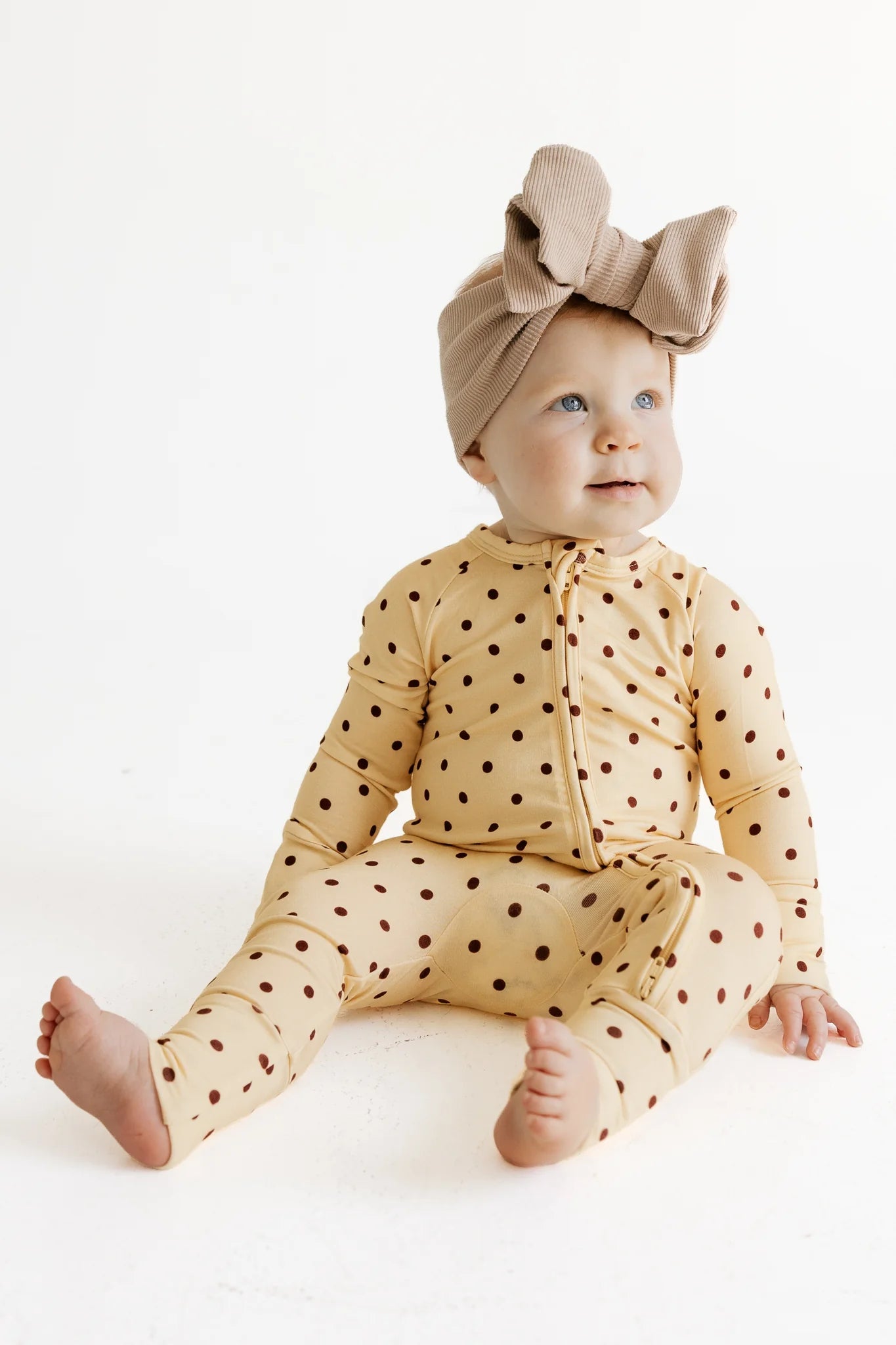 In My Jammers Yellow and Brown Polka Dot Zipper Romper