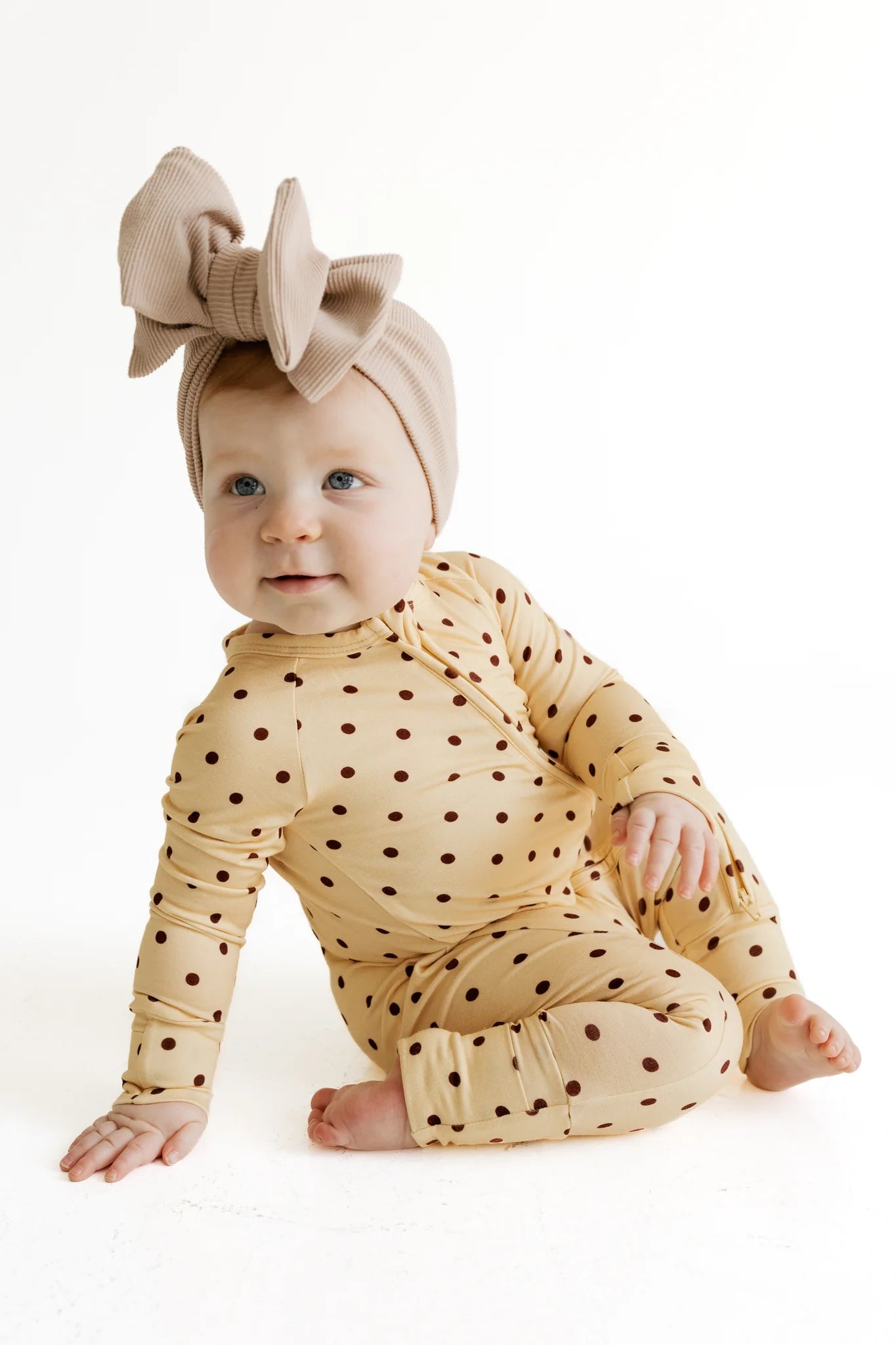 In My Jammers Yellow and Brown Polka Dot Zipper Romper
