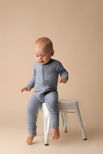 IN MY JAMMERS DUSTY BLUE RIBBED ZIPPER ROMPER
